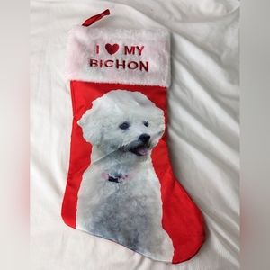 🏈 Bichon dog NWOT Christmas stocking satin I Love My Bichon red white faux fur